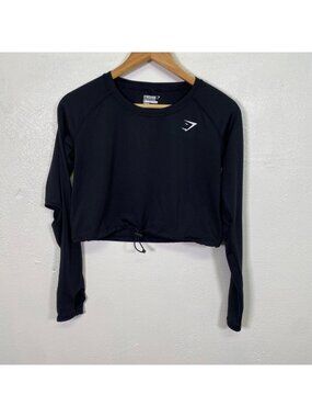 Gymshark‎ Black Long-Sleeve Cropped Shirt Thumbholes Open Elbow Athleisure M